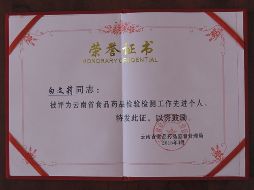 9.白文莉同志被评为云南省食品药品检验检测工作先进个人