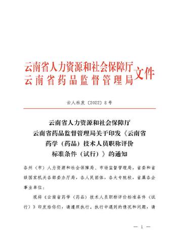 云南省人力资源和社会保障厅云南省药品监督管理局关于印发《云南省药学(药品)技术人员职称评价标准条件(试行)》的通知_Page1